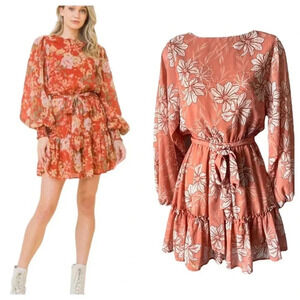 FLYING TOMATO | Rust Floral Ruffled Tiered Long Sleeve Mini Dress Size XS (NWOT)